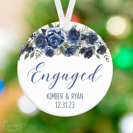 Navy Flowers Engagement Personalized Christmas Ornament