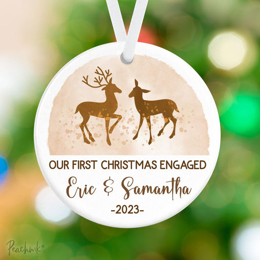 Sepia Deer Engaged Personalized Christmas Ornament