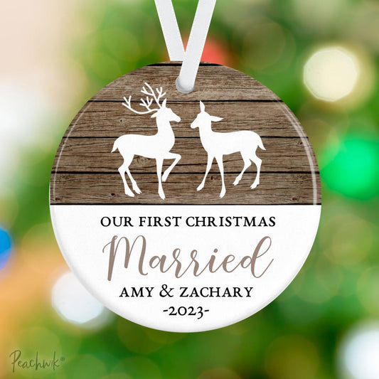 Rustic Deer Newlywed Personalized Christmas Ornament