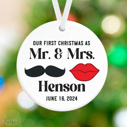Mustache & Lips Newlywed Personalized Christmas Ornament