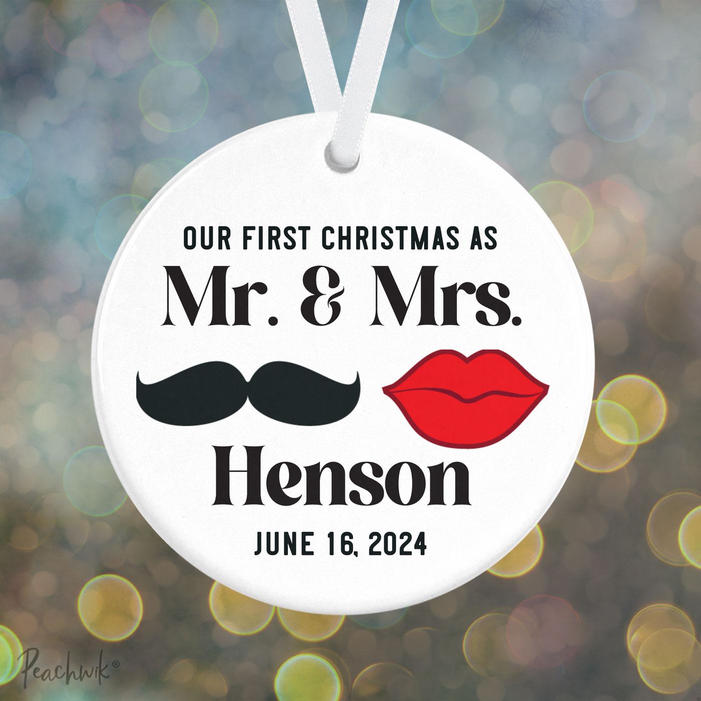 Mustache & Lips Newlywed Personalized Christmas Ornament