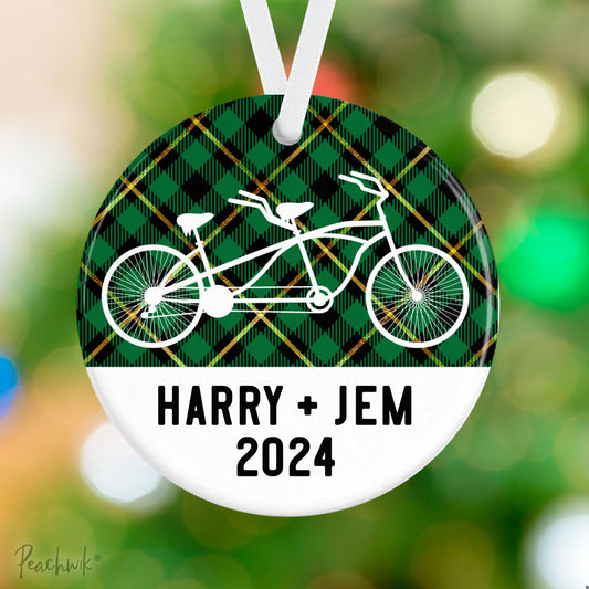 Plaid Tandem Bike Couples Personalized Christmas Ornament