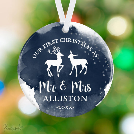 Newlywed Navy Reindeer Wedding Personalized Christmas Ornament