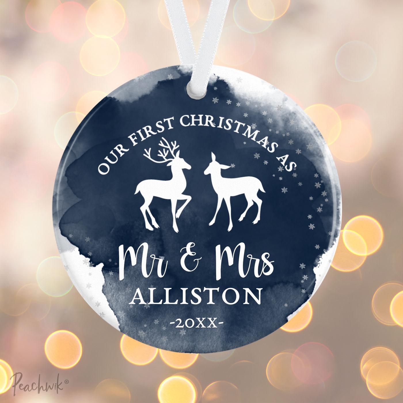 Newlywed Navy Reindeer Wedding Personalized Christmas Ornament