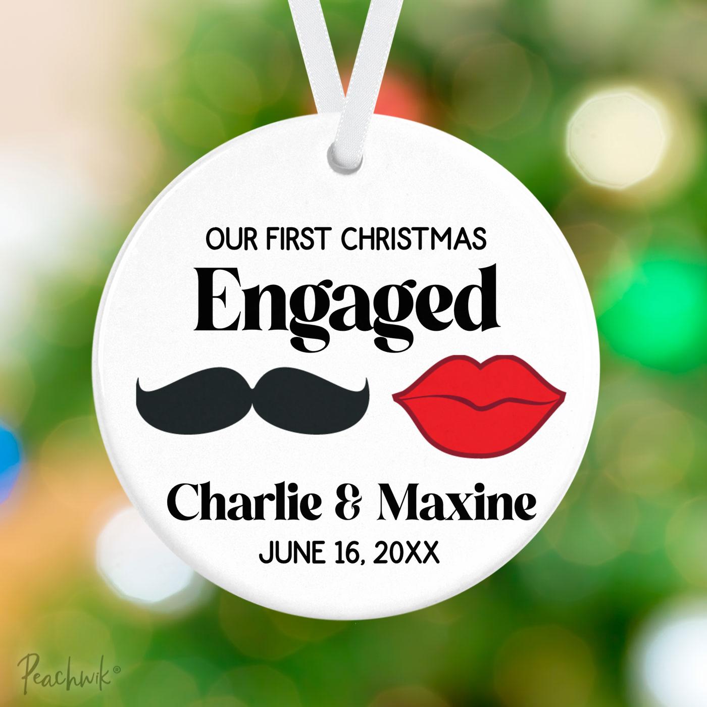 Engaged Mustache & Lips Personalized Christmas Ornament