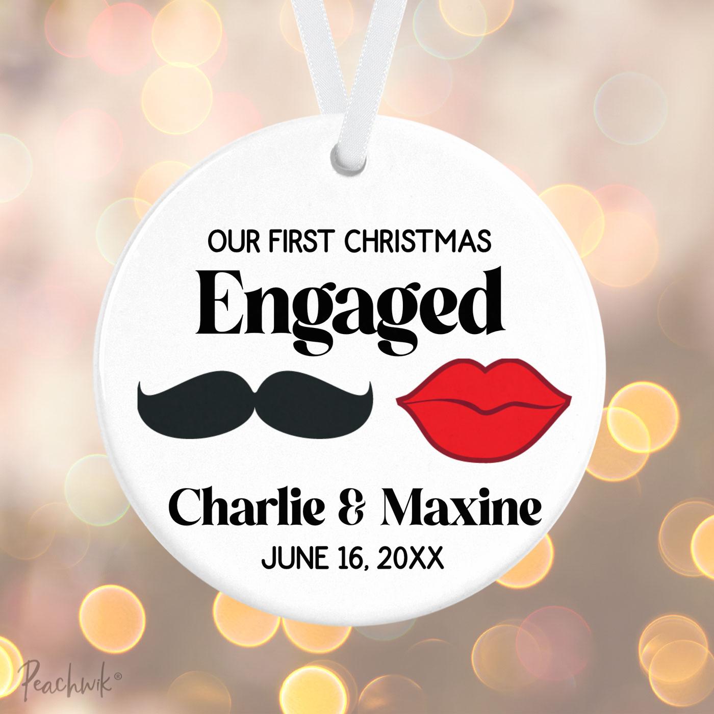 Engaged Mustache & Lips Personalized Christmas Ornament