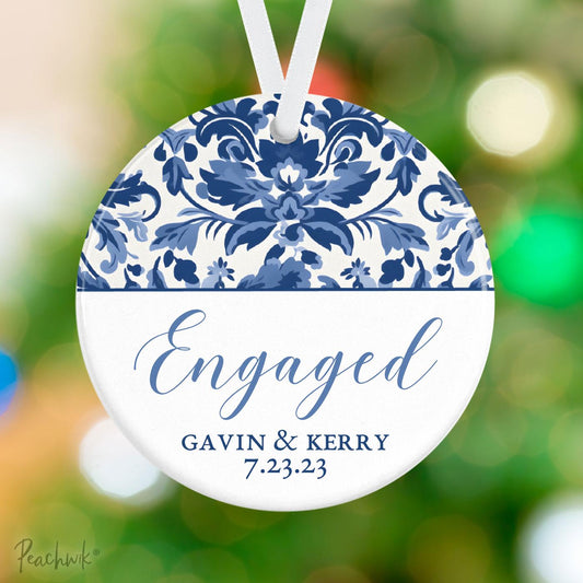 Couples Damask Engagement Personalized Christmas Ornament
