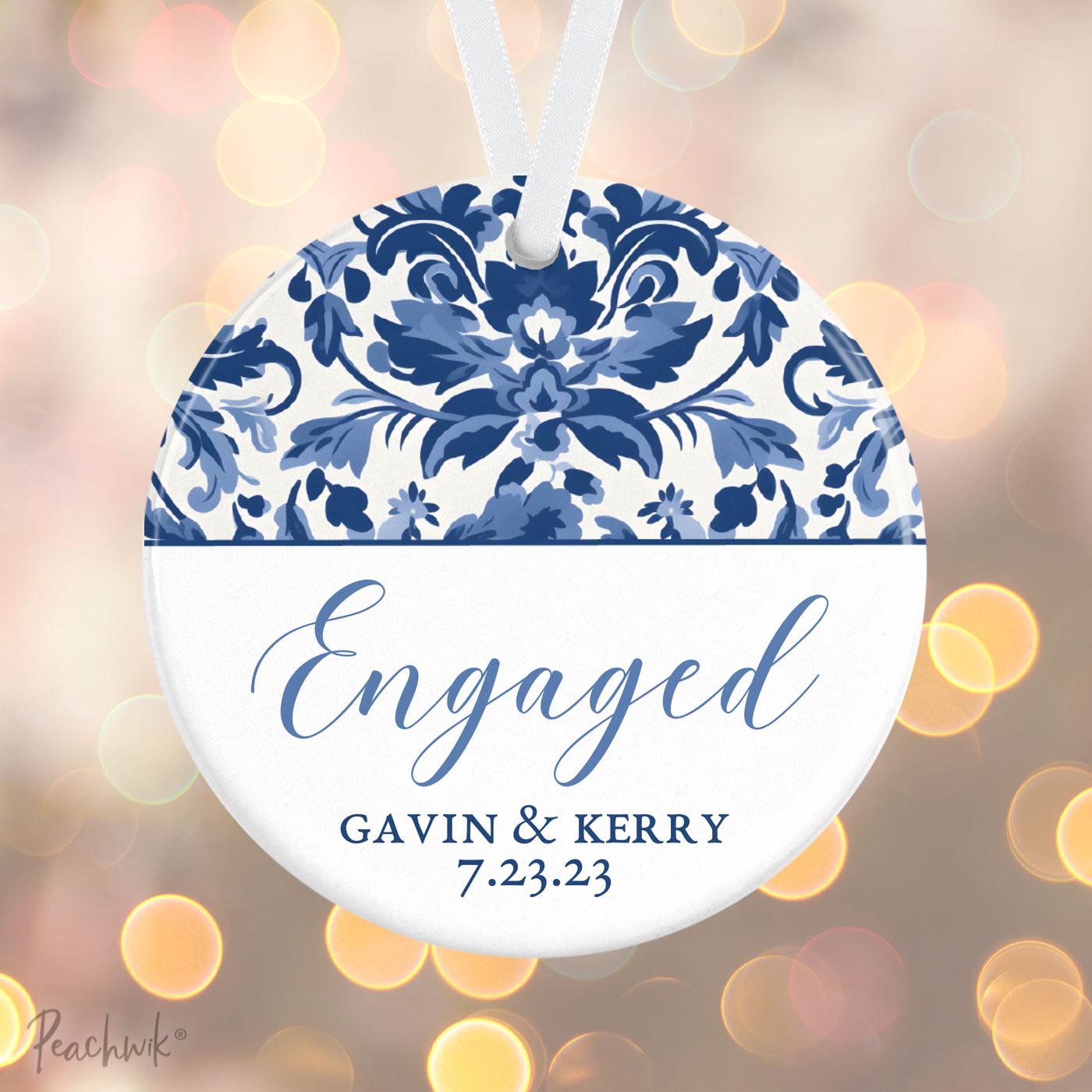 Couples Damask Engagement Personalized Christmas Ornament