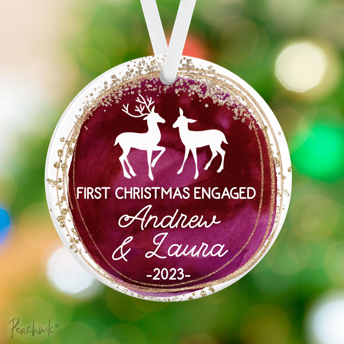 Burgundy Deer Engaged Personalized Christmas Ornament