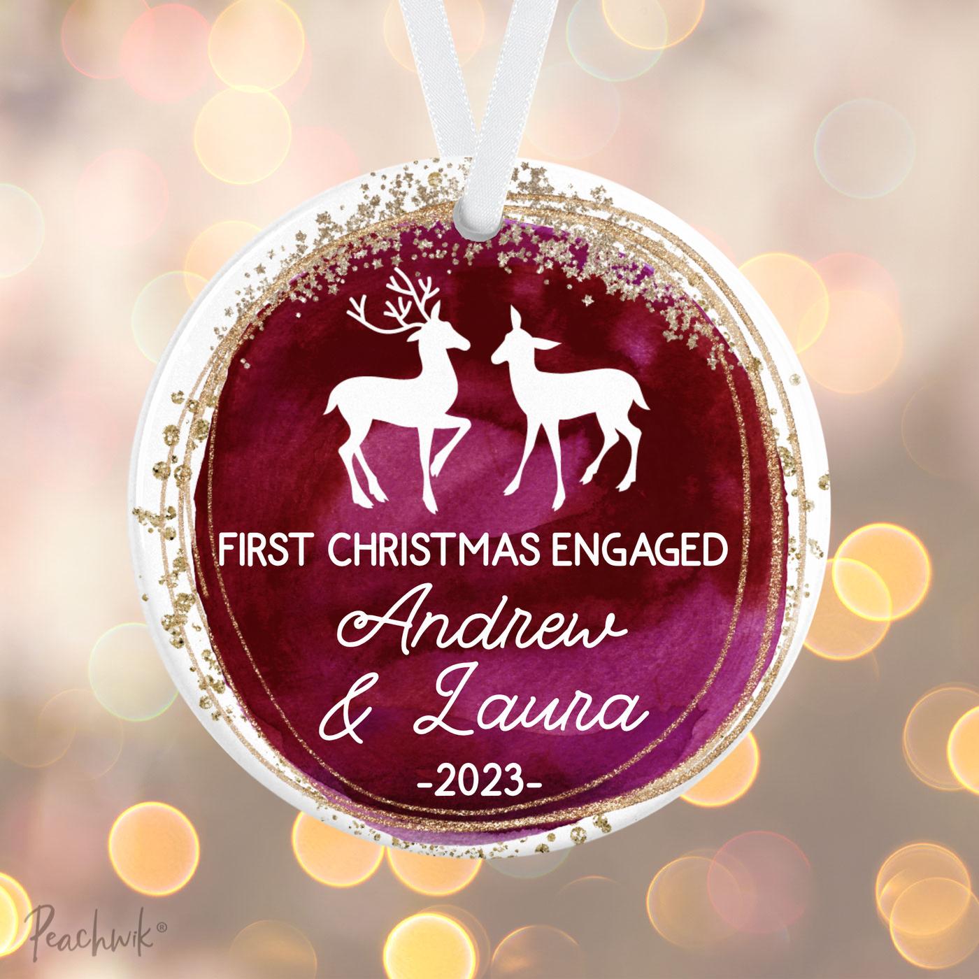 Burgundy Deer Engaged Personalized Christmas Ornament