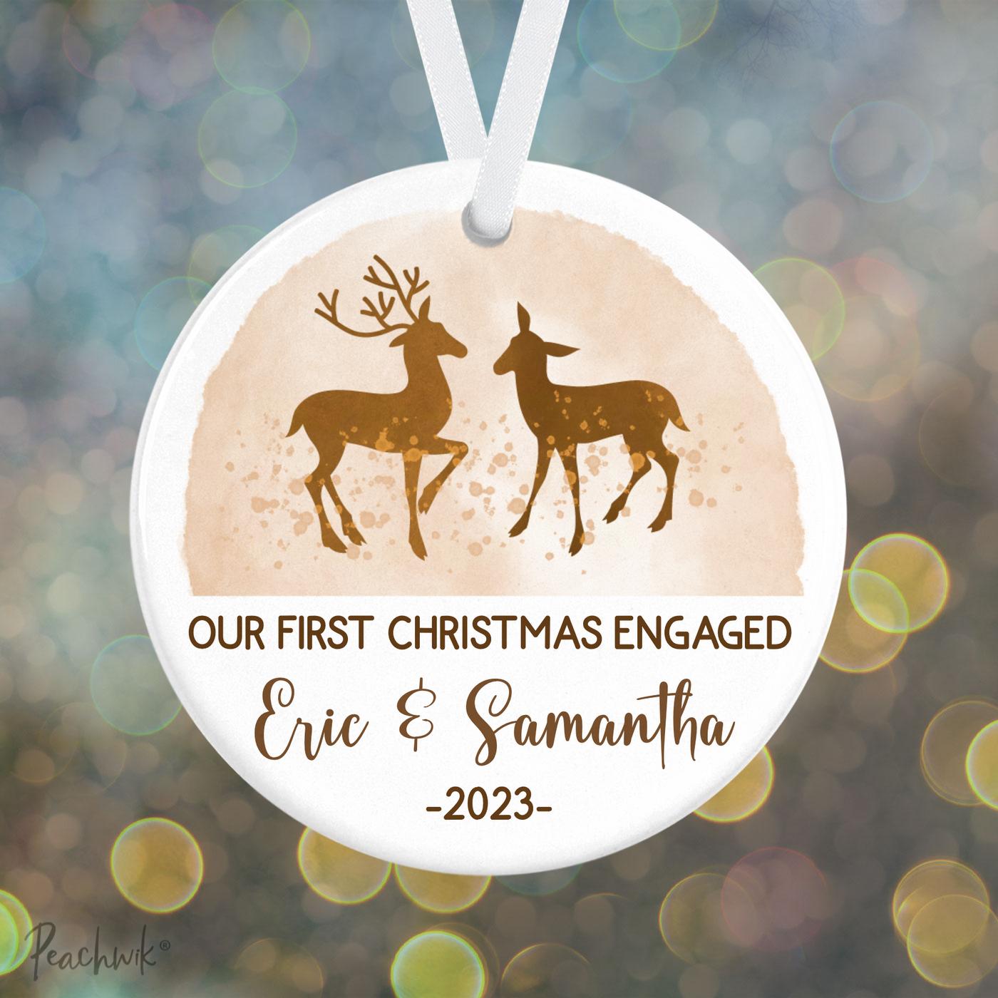 Sepia Deer Engaged Personalized Christmas Ornament