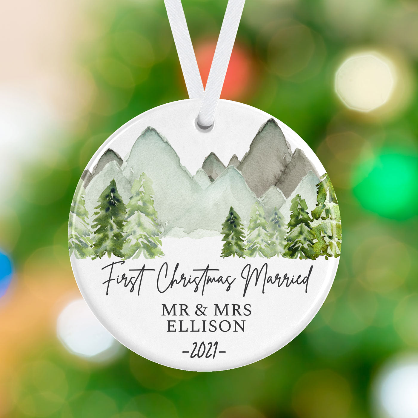 Mountains Watercolor Newlywed Ornament
