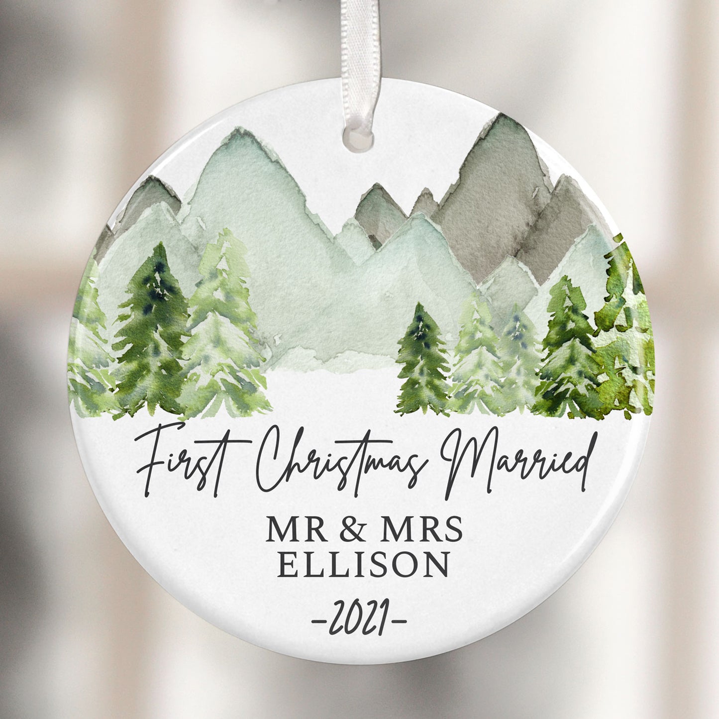 Mountains Watercolor Newlywed Ornament
