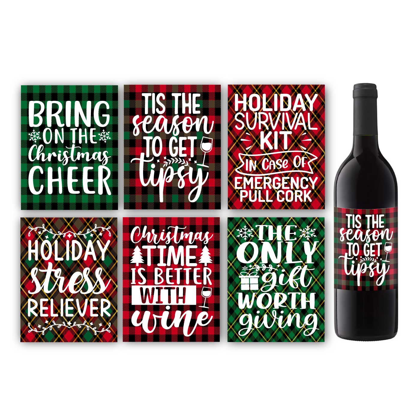 Plaid Funny Christmas Wine Label Set
