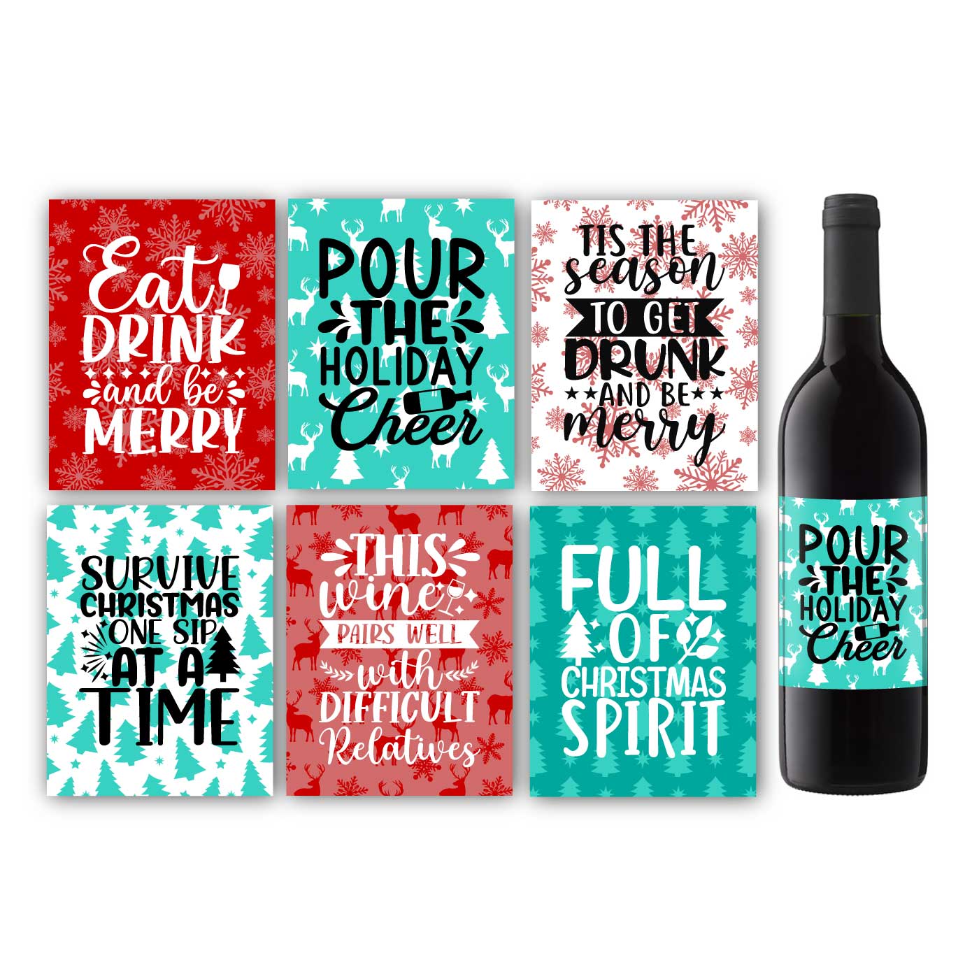 Funny Christmas Wine Label Set - Teal & Red