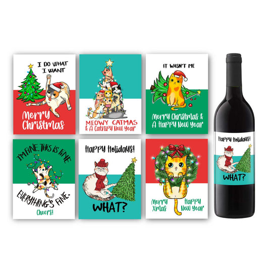 Cats Funny Christmas Wine Label Set